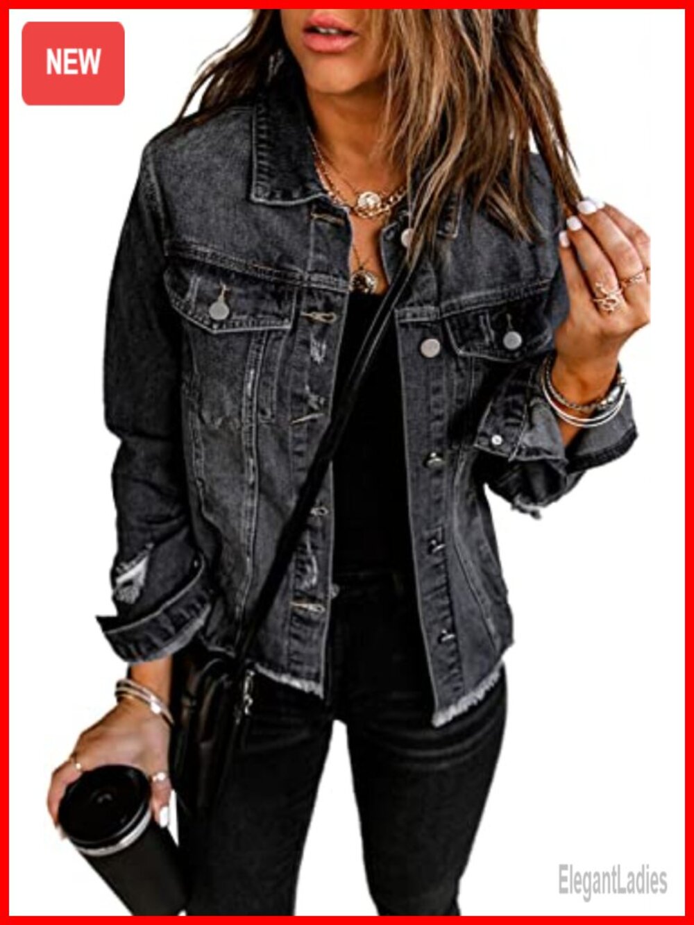 Distressed Boyfriend Denim Jacket Women's Button Up Coat with Pockets